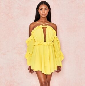 House Of CB Yellow Off Shoulder Ruffled Mini Dress